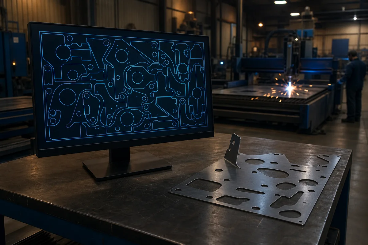 A dark monitor showing a glowing blue wireframe nest of sheet-metal part outlines