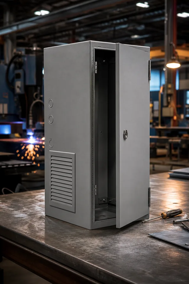 A finished sheet-metal electrical enclosure with a hinged door and a louvered vent panel
