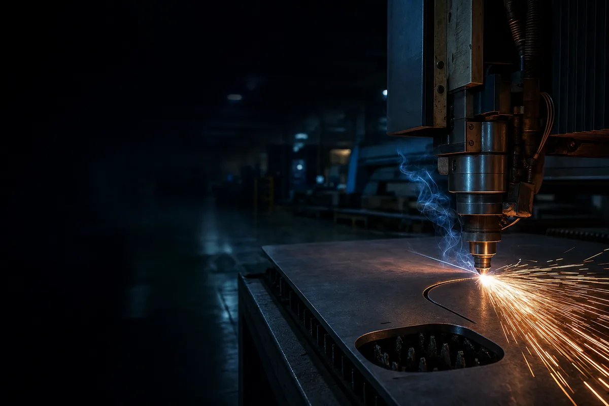 A CNC fiber laser cutting head cutting a steel sheet, sparks fanning out beneath the nozzle