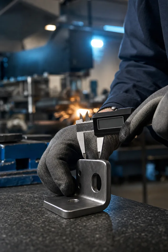 A digital caliper measuring the machined edge of a small steel bracket on a granite surface plate
