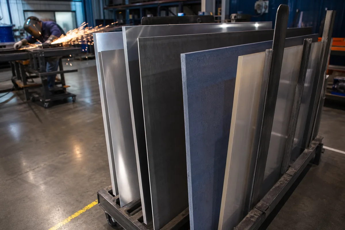 A rack of sheet metal stock stood on edge — stainless, aluminum and carbon steel