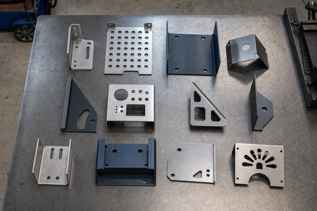 A set of laser-cut and formed steel parts — brackets, gussets, a perforated panel — laid out on a steel bench