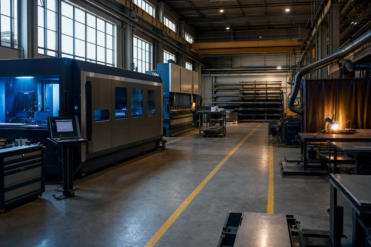 A clean steel fabrication shop floor in morning light, with a CNC laser, press brake and racked sheet stock